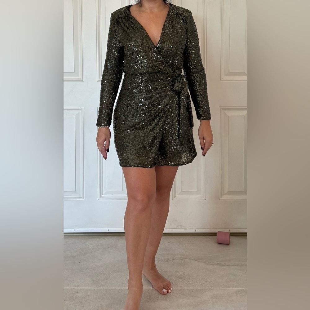 H&M Olive Sequin Long Sleeve Dress